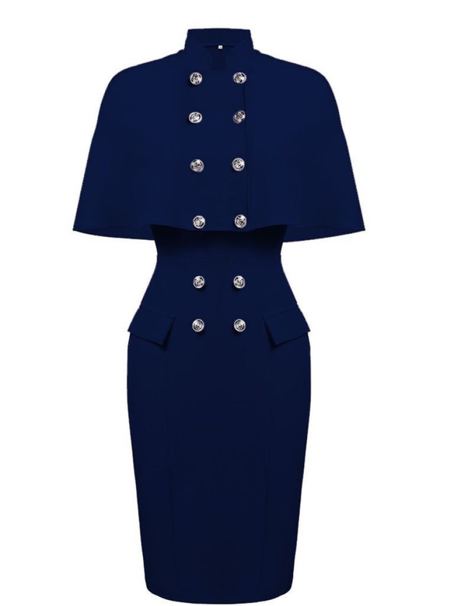 Clothing Retro Stage | 2Pcs 1960S Button Work Pencil Dress Navy Blue