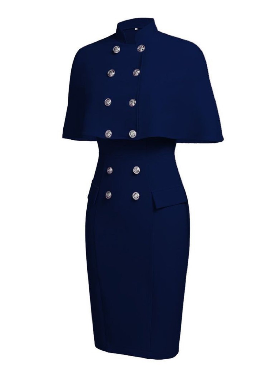 Clothing Retro Stage | 2Pcs 1960S Button Work Pencil Dress Navy Blue