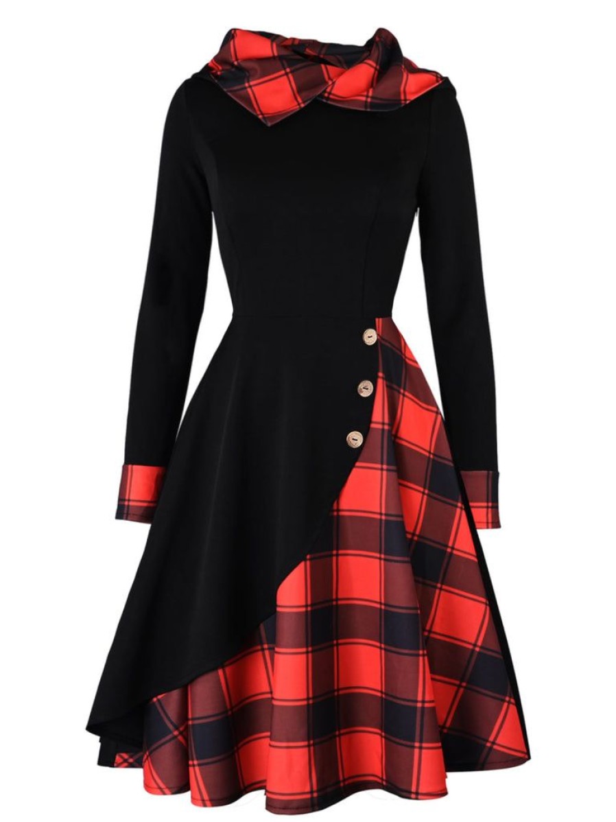 Clothing Retro Stage | Black 1950S Plaid Hooded Button Dress