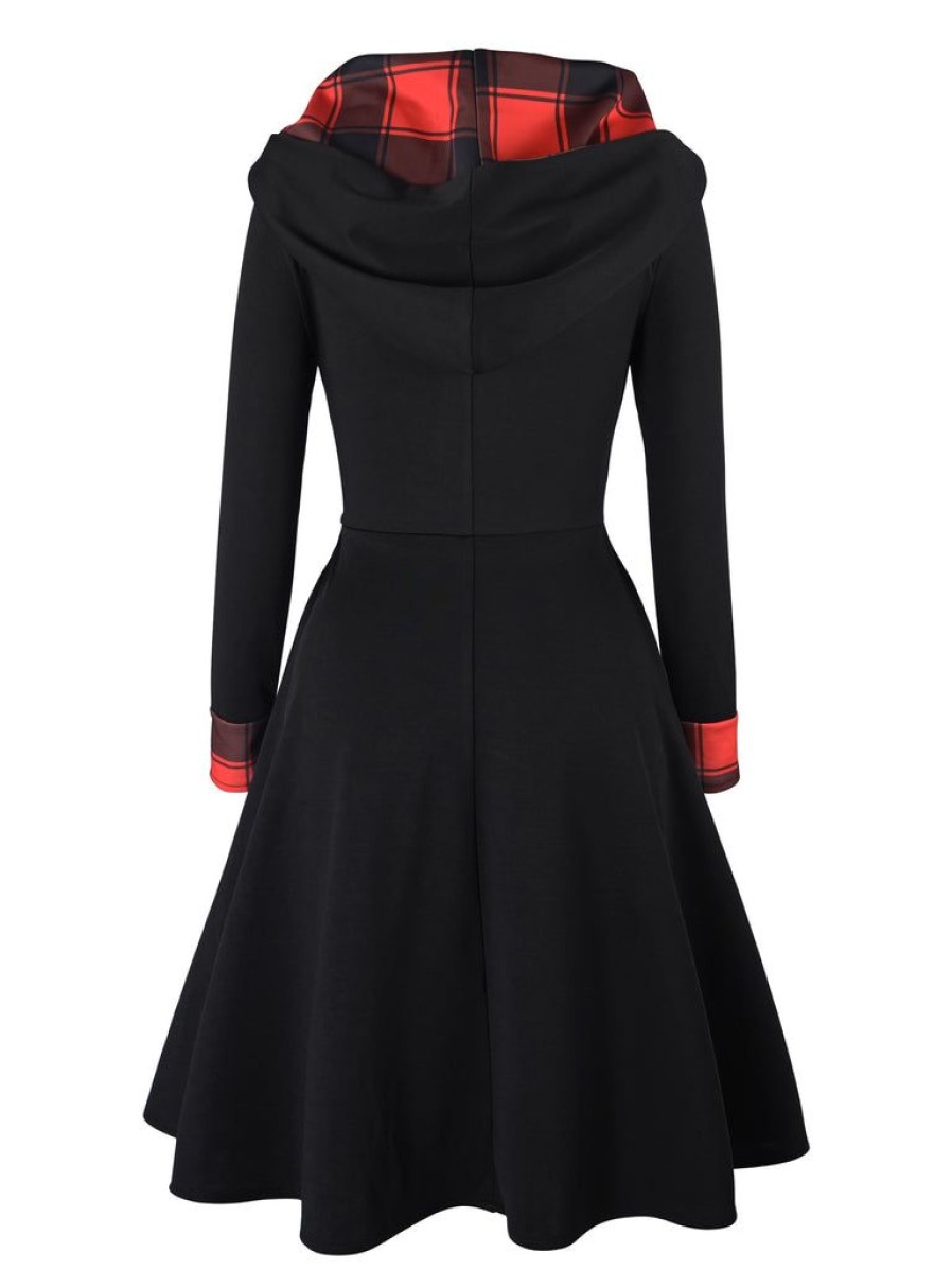 Clothing Retro Stage | Black 1950S Plaid Hooded Button Dress