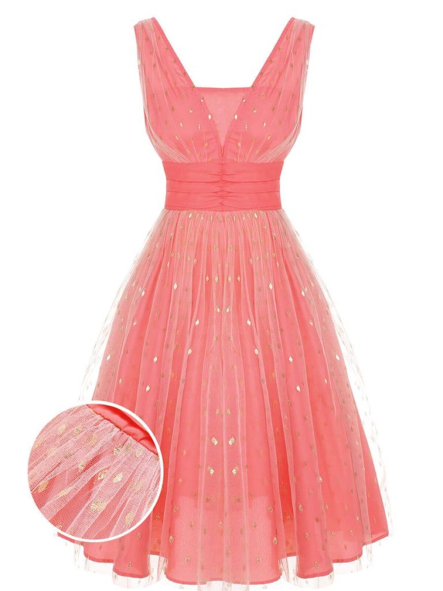 Clothing Retro Stage | 1950S V-Neck Sequin Dress Coral Pink