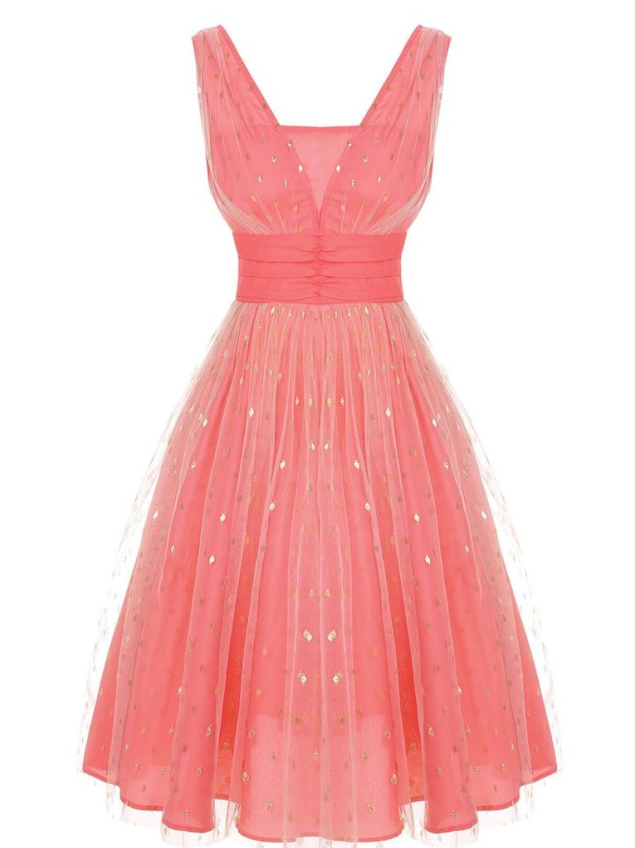 Clothing Retro Stage | 1950S V-Neck Sequin Dress Coral Pink