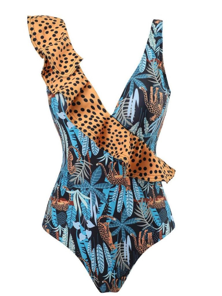 Clothing Retro Stage | 1960S Ruffle Polka Dot Swimsuit & Cover-Up Leopard