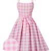 Clothing Retro Stage | 1950S Spaghetti Strap Plaid Swing Dress Pink