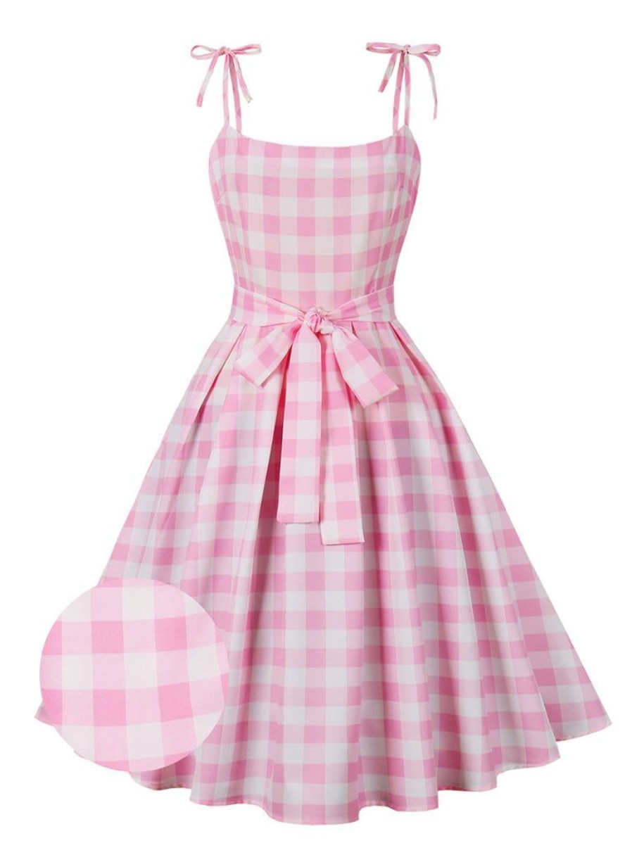 Clothing Retro Stage | 1950S Spaghetti Strap Plaid Swing Dress Pink