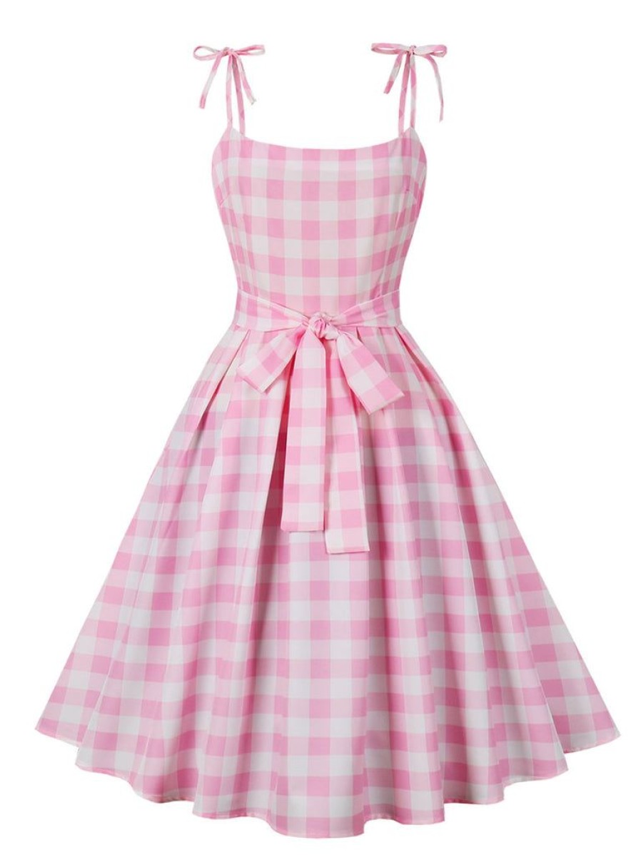 Clothing Retro Stage | 1950S Spaghetti Strap Plaid Swing Dress Pink