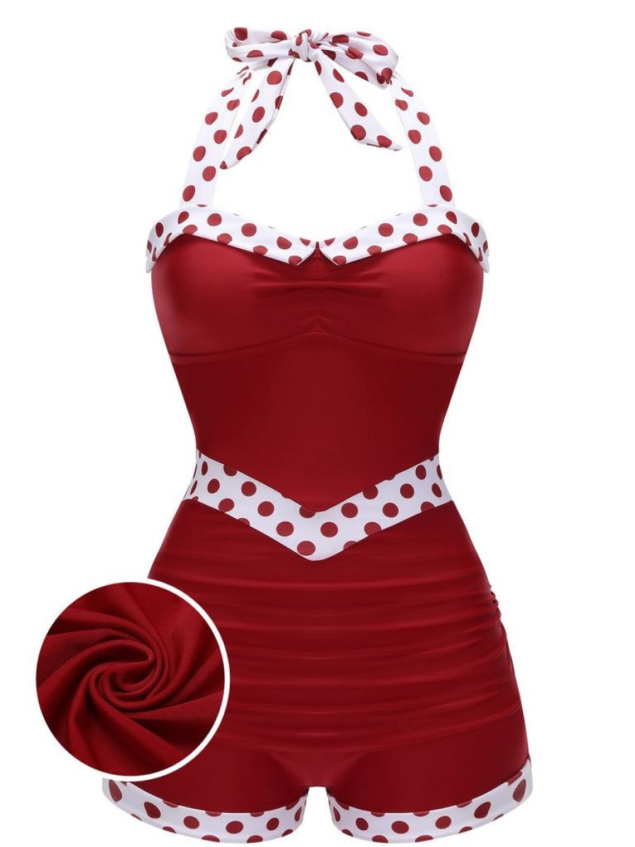 Clothing Retro Stage | Red 1940S Halter Patchwork One-Piece Swimsuit Wine Red