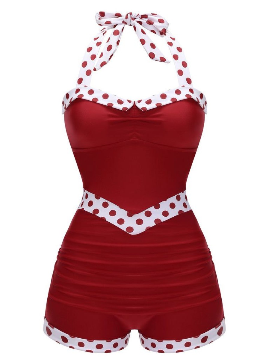 Clothing Retro Stage | Red 1940S Halter Patchwork One-Piece Swimsuit Wine Red