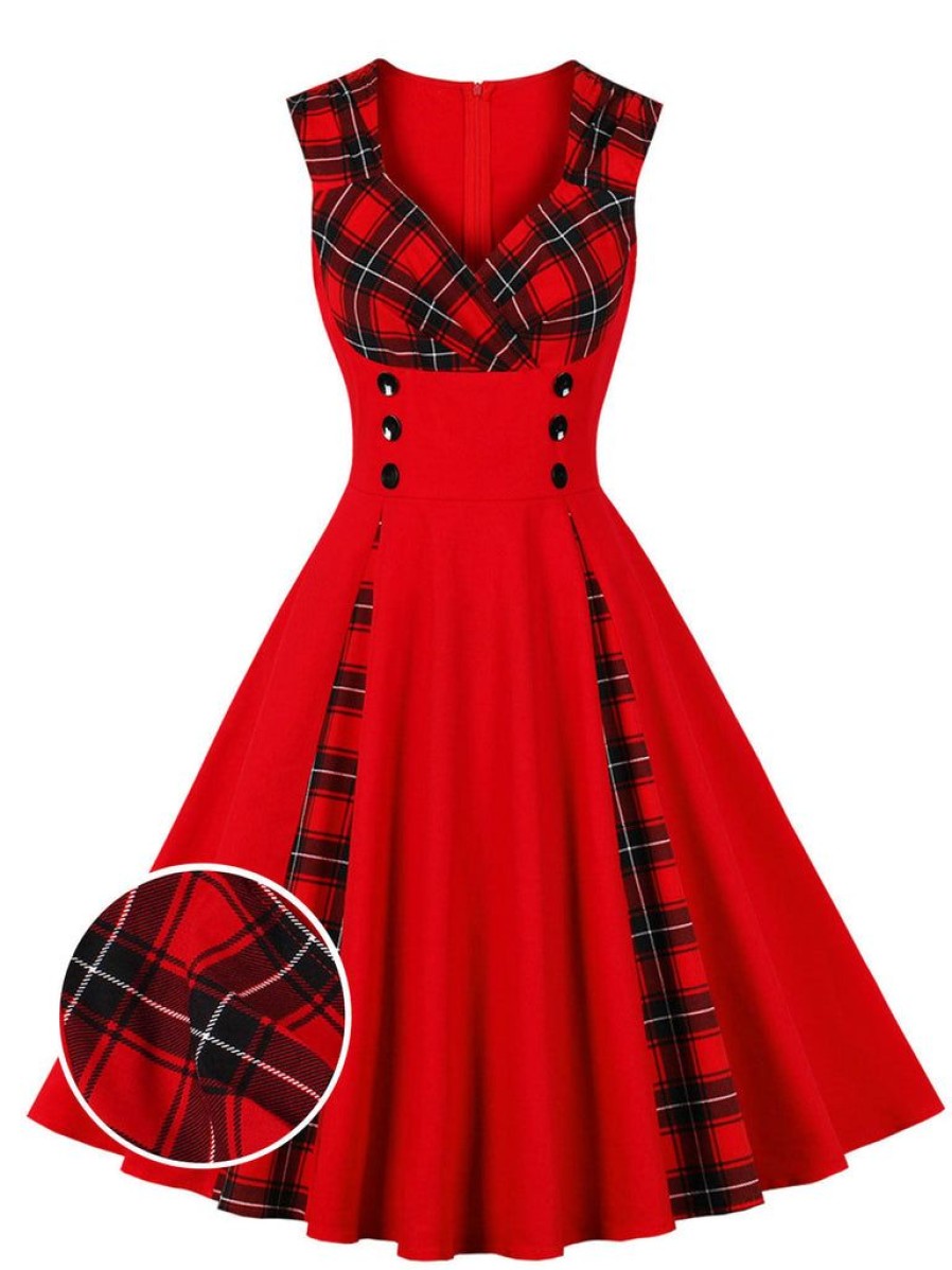 Clothing Retro Stage | 1950S Plaid V-Neck Dress