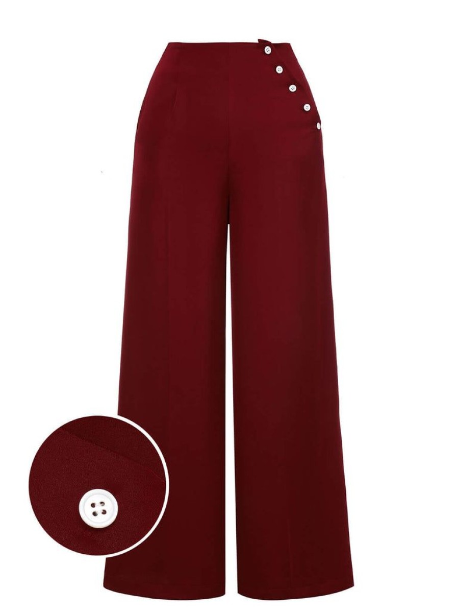 Clothing Retro Stage | Red 1950S Button Wide Leg Pants Burgundy