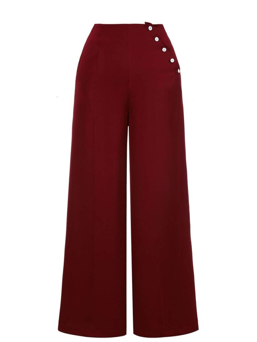 Clothing Retro Stage | Red 1950S Button Wide Leg Pants Burgundy