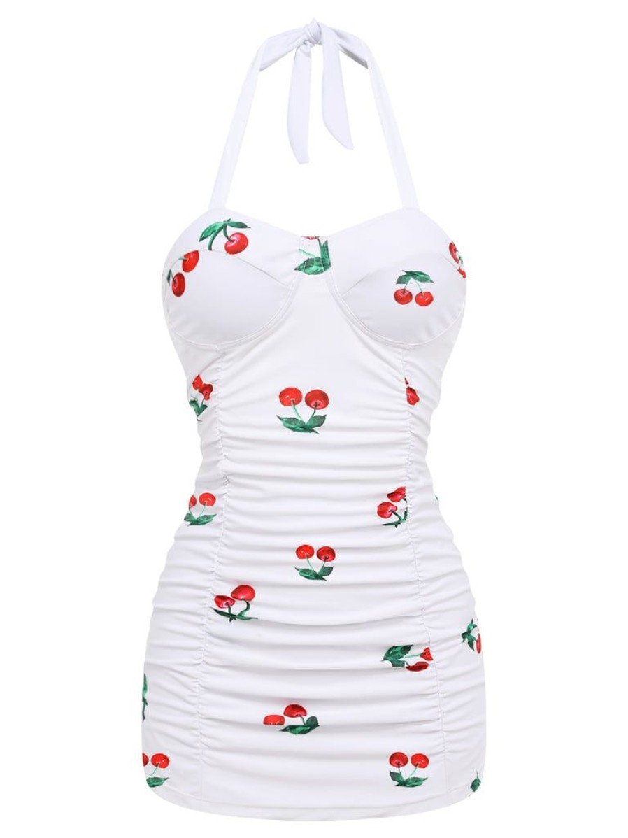 Clothing Retro Stage | Retro 1950S Cherry Summer One-Piece Swimsuit White