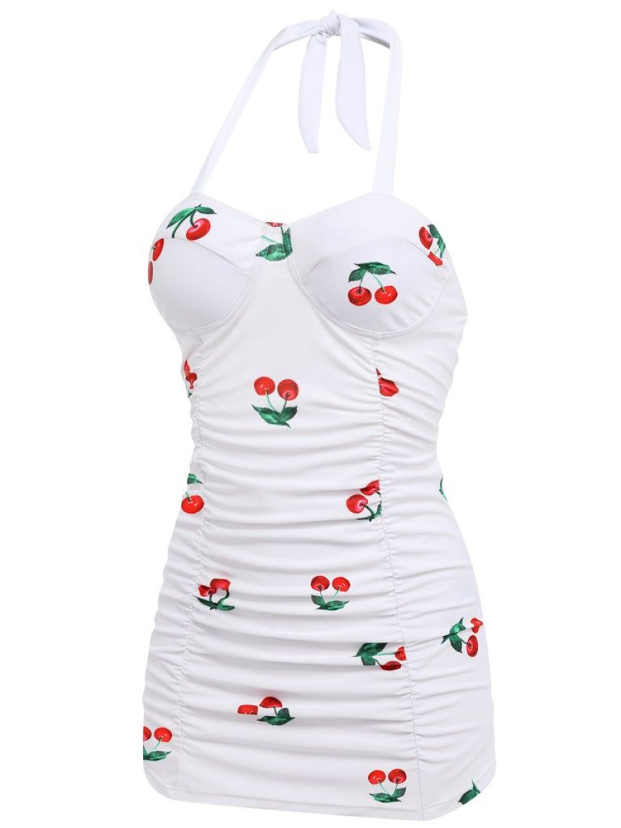 Clothing Retro Stage | Retro 1950S Cherry Summer One-Piece Swimsuit White