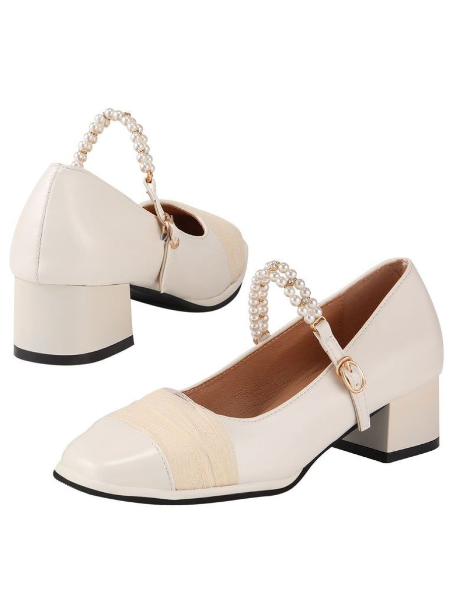 Shoes Retro Stage | Pearl Strap Chunky Heel Shoes White