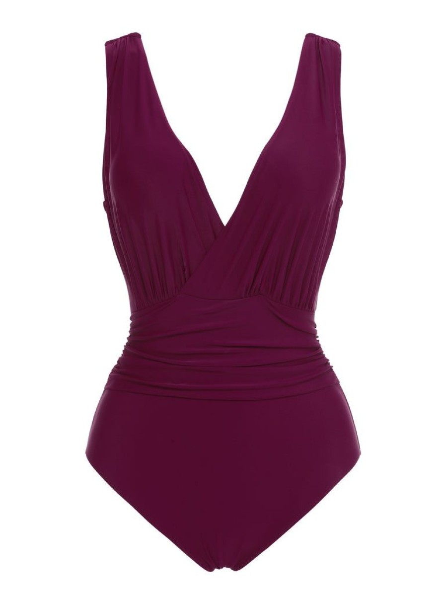 Clothing Retro Stage | Raspberry Purple 1960S V-Neck One-Piece Swimsuit Purple Red