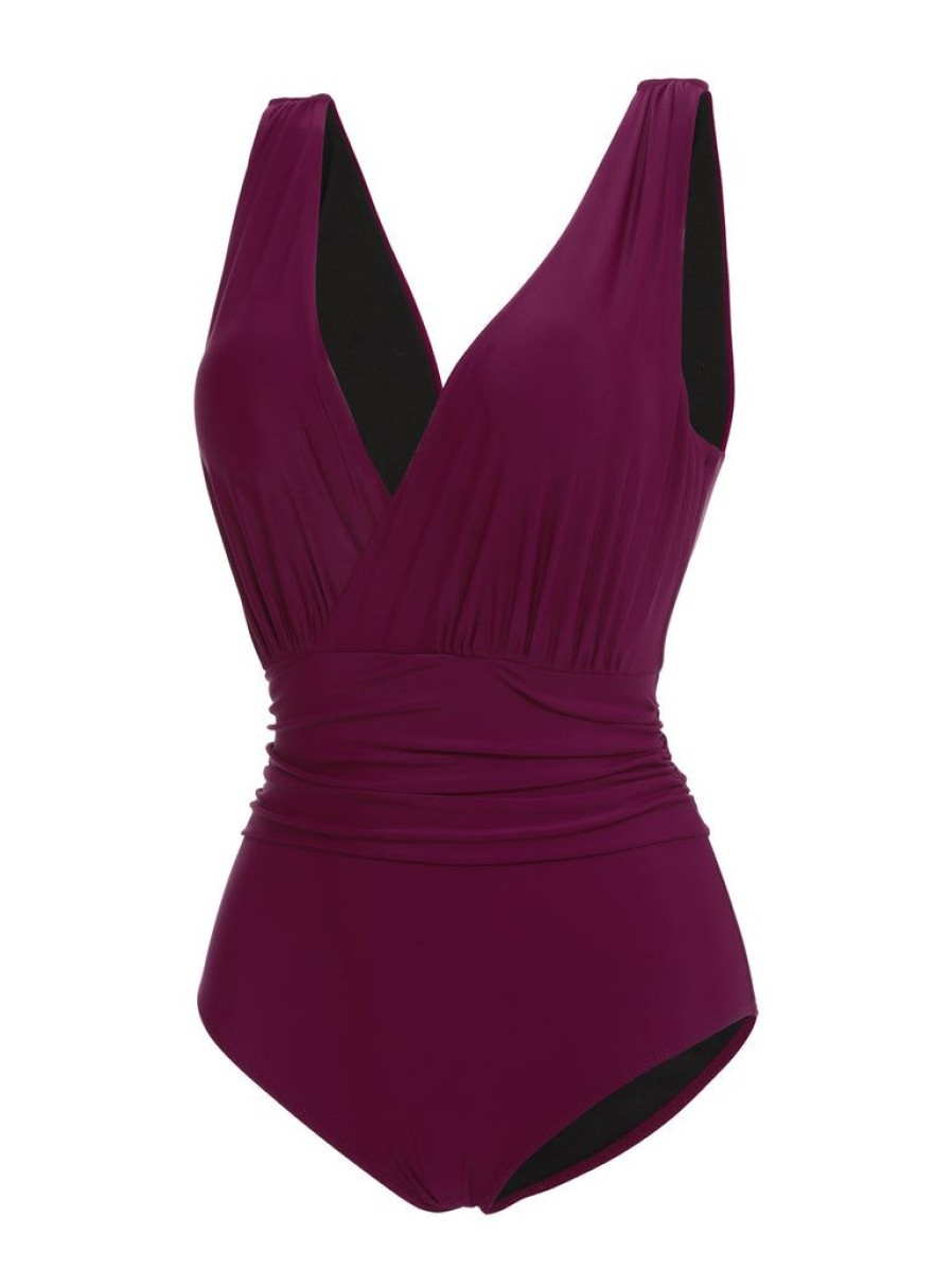 Clothing Retro Stage | Raspberry Purple 1960S V-Neck One-Piece Swimsuit Purple Red