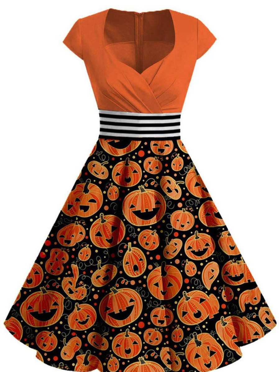 Clothing Retro Stage | [Plus Size] 1950S Costume Dress Orange