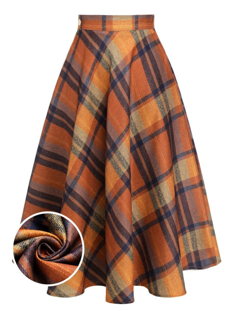 Clothing Retro Stage | 1950S Plaid Swing Skirt Brown