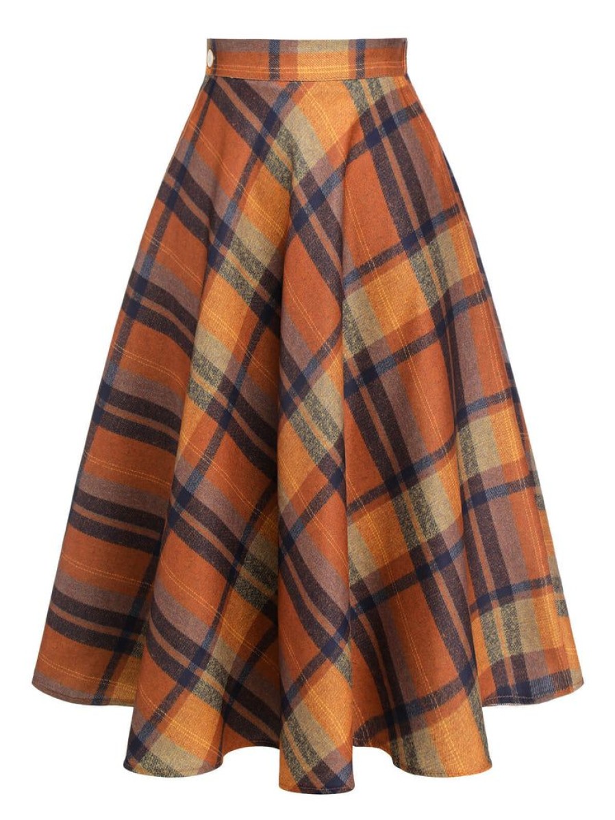 Clothing Retro Stage | 1950S Plaid Swing Skirt Brown