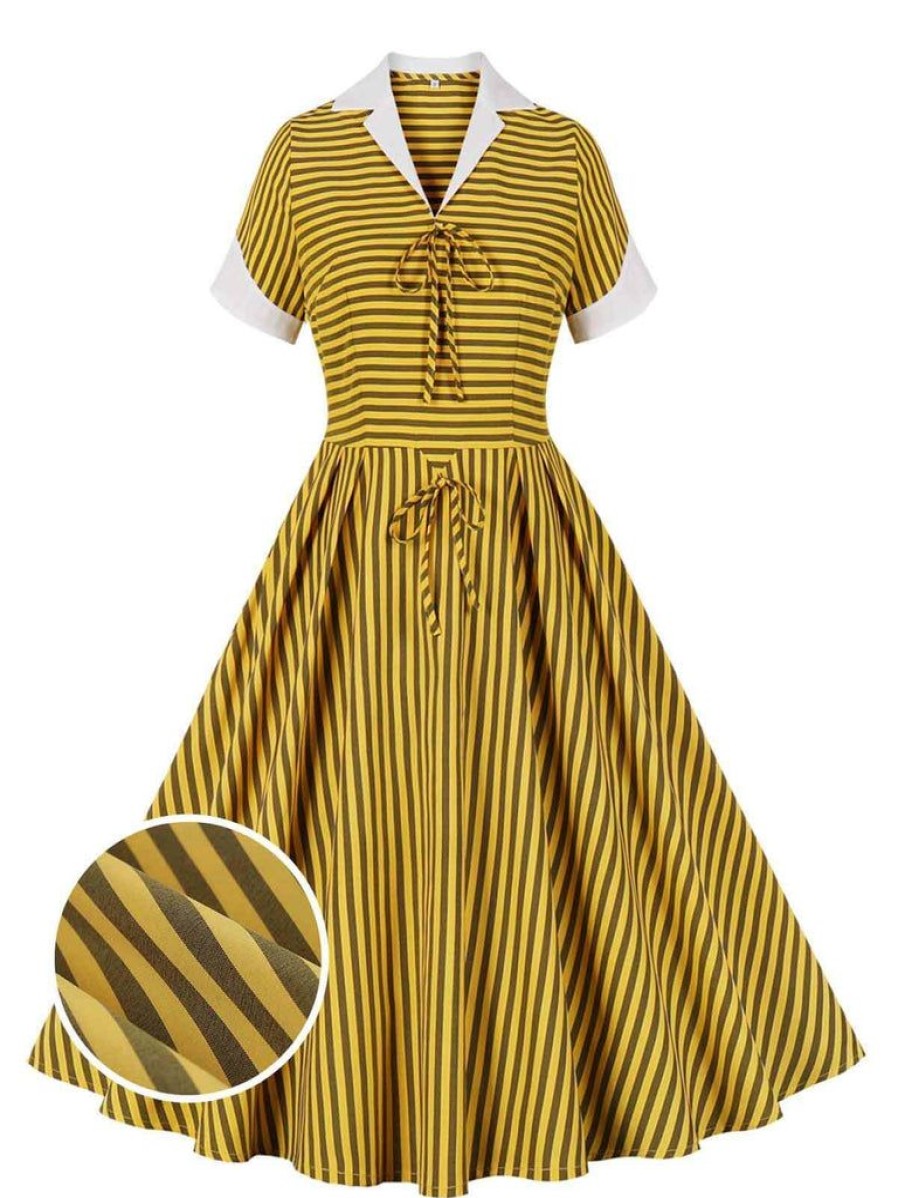 Clothing Retro Stage | 1950S Bow Striped Swing Dress Yellow