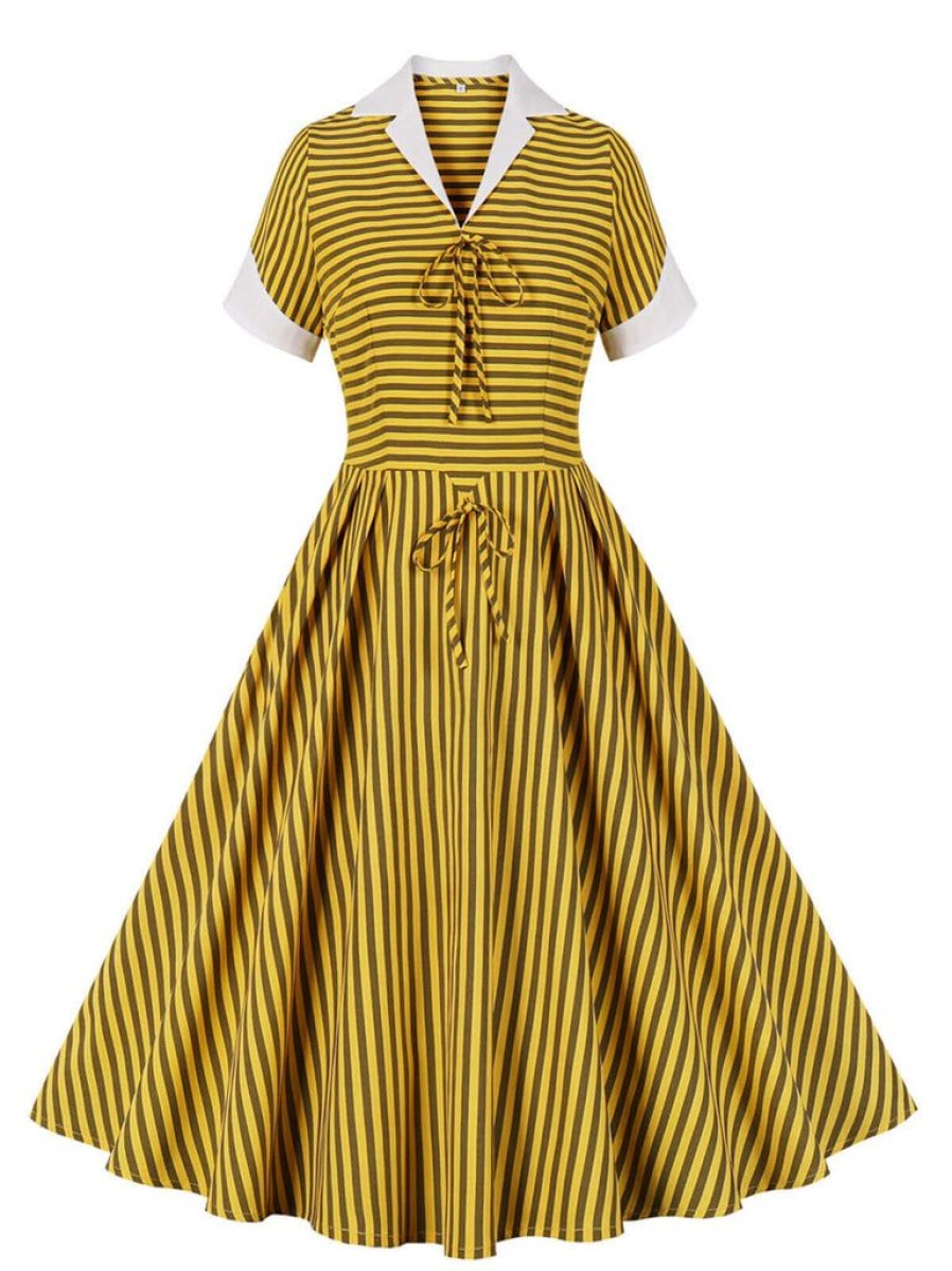 Clothing Retro Stage | 1950S Bow Striped Swing Dress Yellow