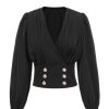 Clothing Retro Stage | 1950S Solid Puff Sleeves V-Neck Blouse Black