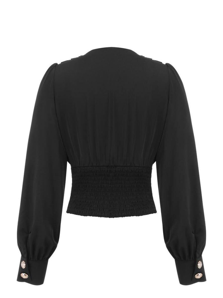 Clothing Retro Stage | 1950S Solid Puff Sleeves V-Neck Blouse Black