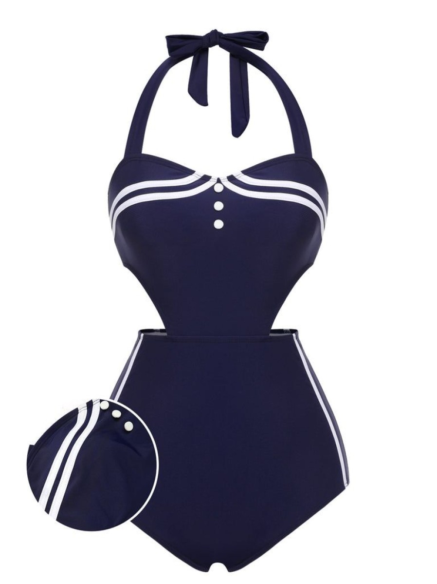 Clothing Retro Stage | 1930S Halter One-Piece Swimsuit Navy Blue