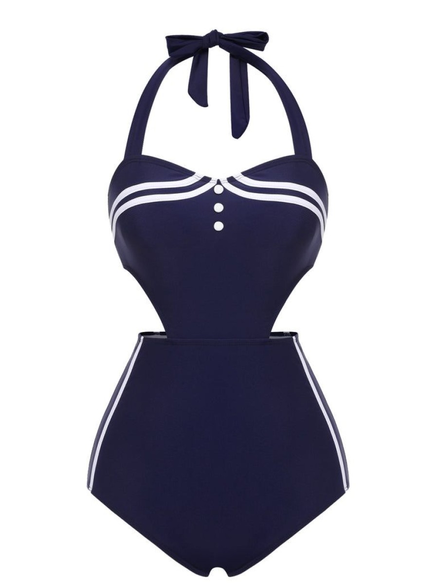 Clothing Retro Stage | 1930S Halter One-Piece Swimsuit Navy Blue