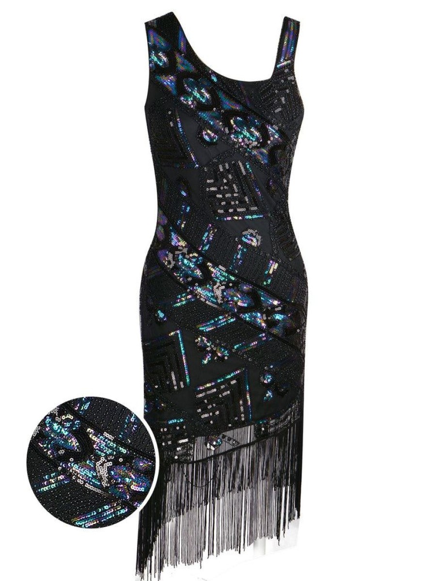 Clothing Retro Stage | 1920S Sequined Tassel Asymmetrical Dress Black