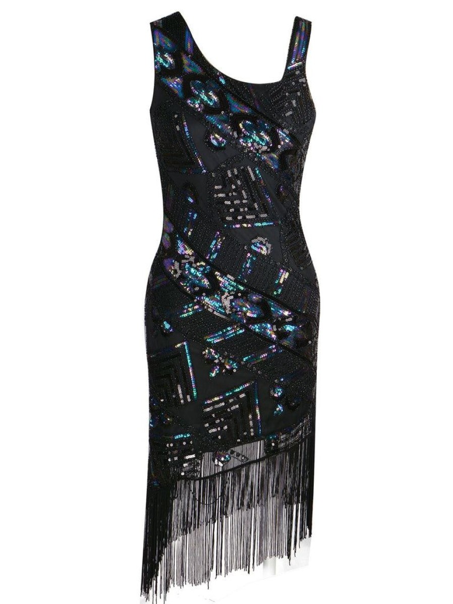 Clothing Retro Stage | 1920S Sequined Tassel Asymmetrical Dress Black