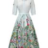 Clothing Retro Stage | 1940S Floral Shirt Neck Belt Dress Light Blue