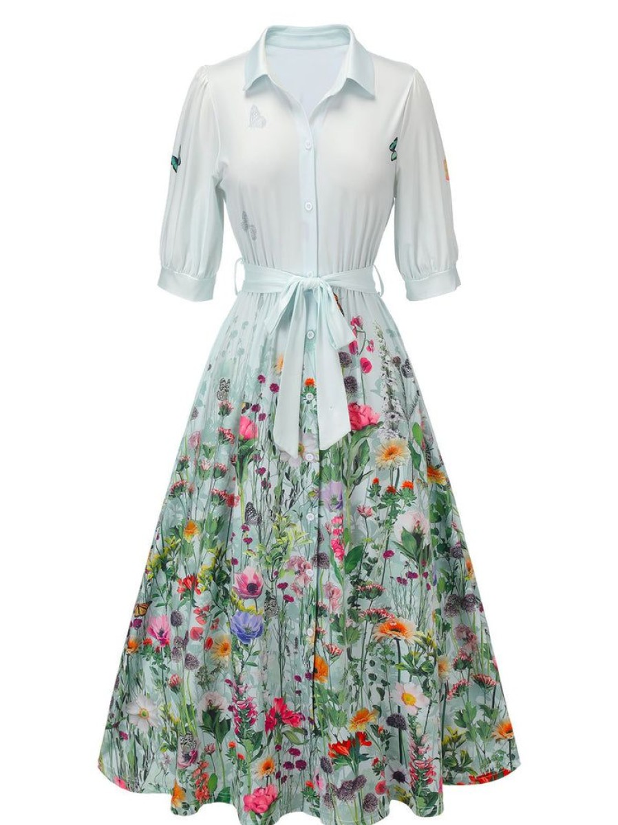 Clothing Retro Stage | 1940S Floral Shirt Neck Belt Dress Light Blue