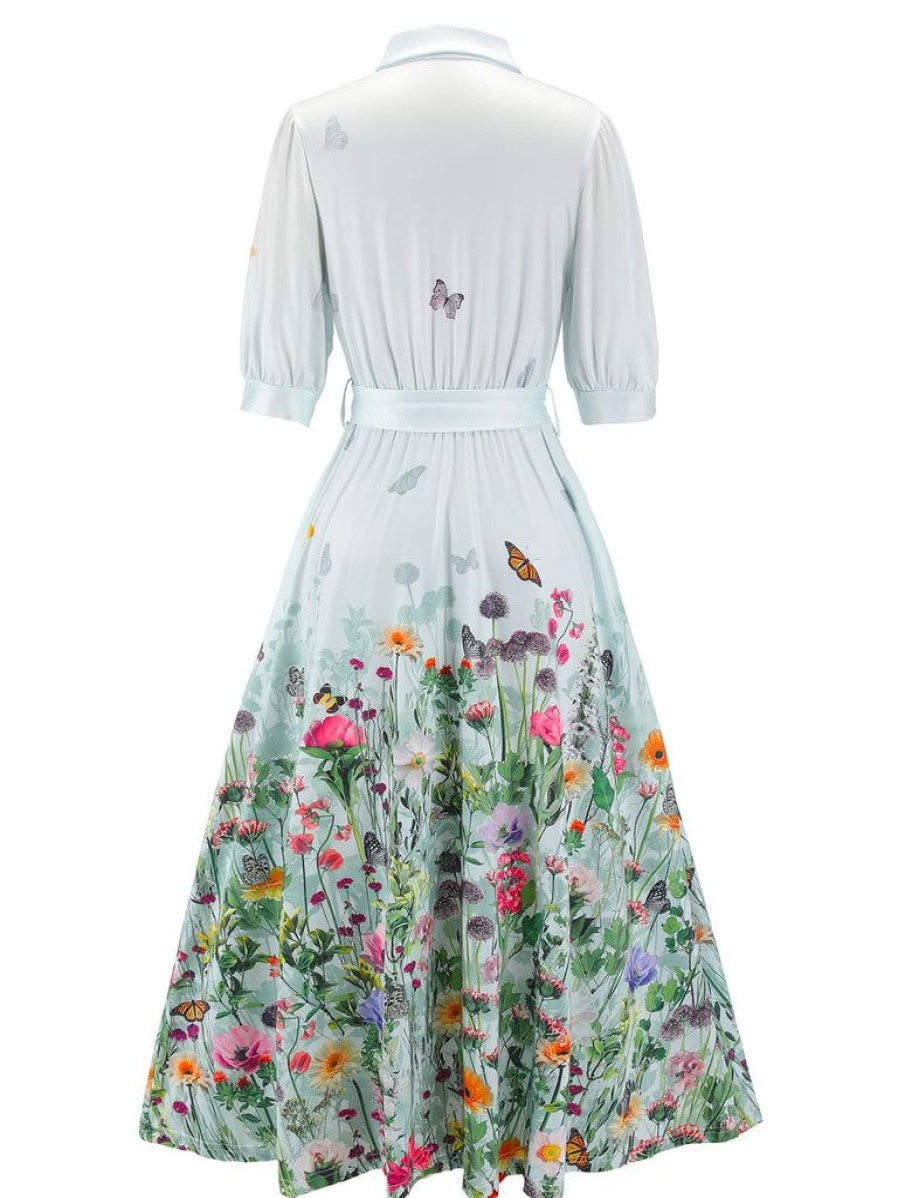 Clothing Retro Stage | 1940S Floral Shirt Neck Belt Dress Light Blue