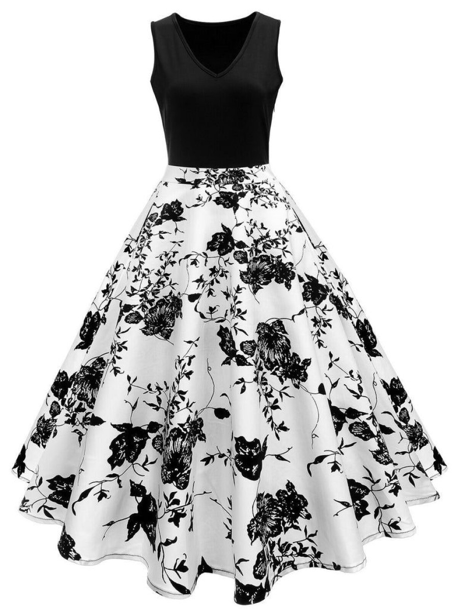 Clothing Retro Stage | Black 1950S Floral Swing Dress White