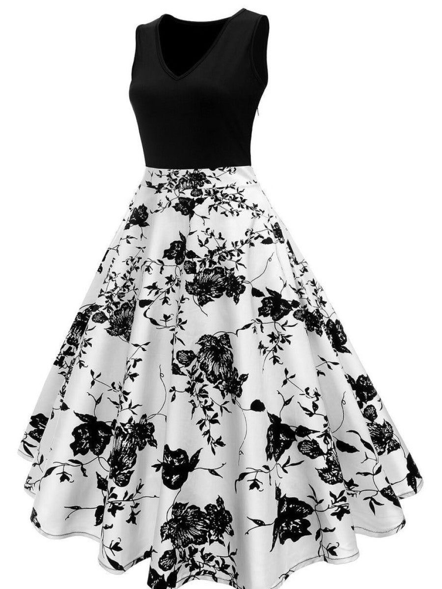 Clothing Retro Stage | Black 1950S Floral Swing Dress White