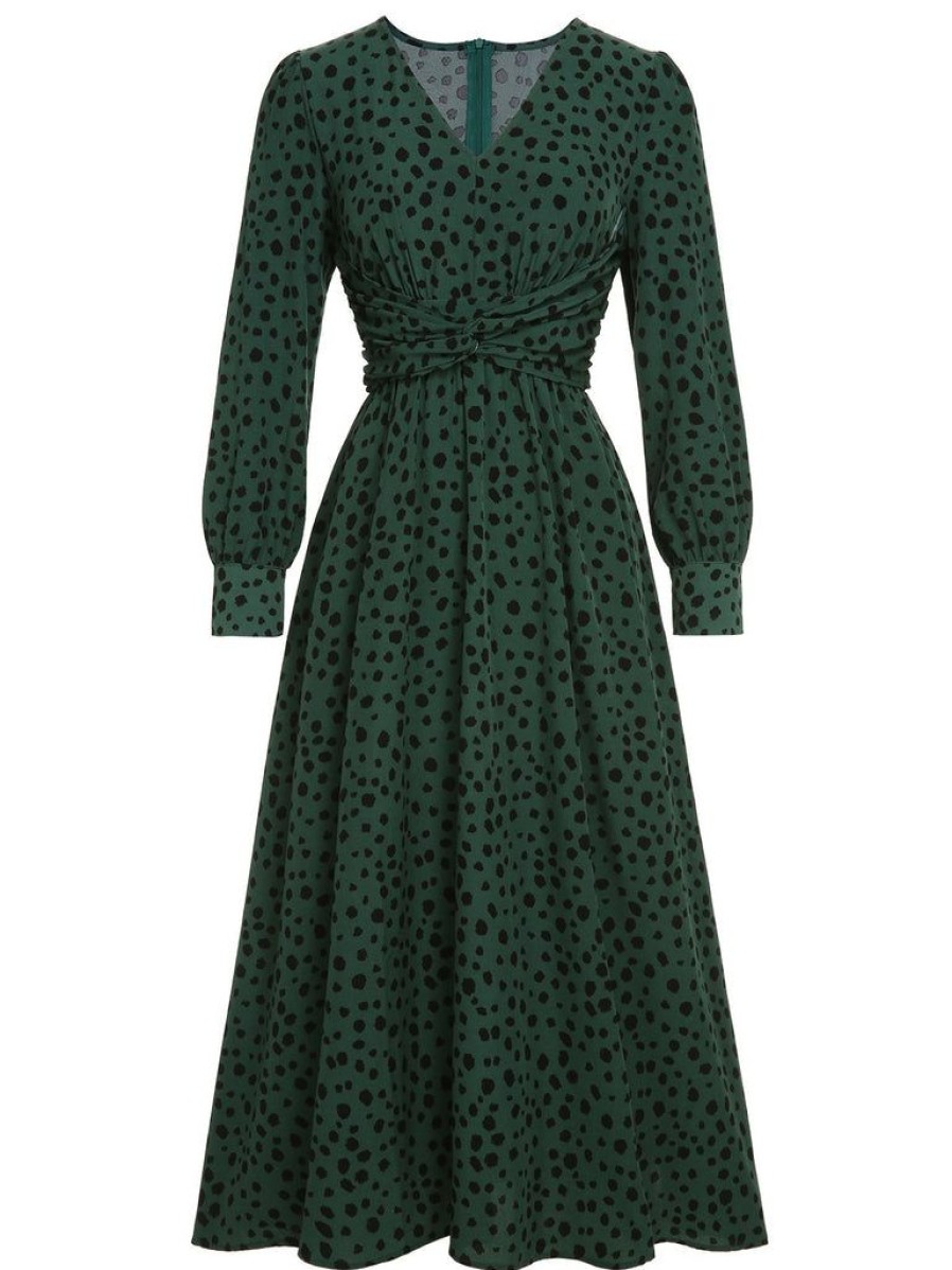 Clothing Retro Stage | V-Neck Leopard A-Line Dress Green