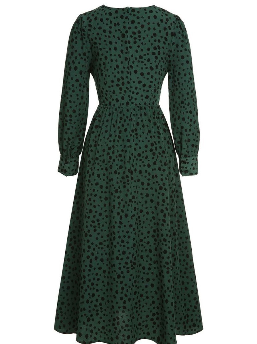 Clothing Retro Stage | V-Neck Leopard A-Line Dress Green