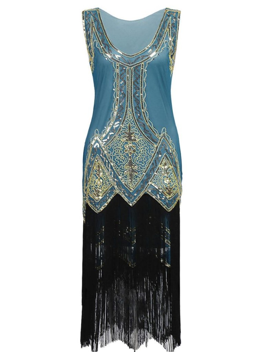 Clothing Retro Stage | 1920S Beaded Fringed Dress Lake Blue