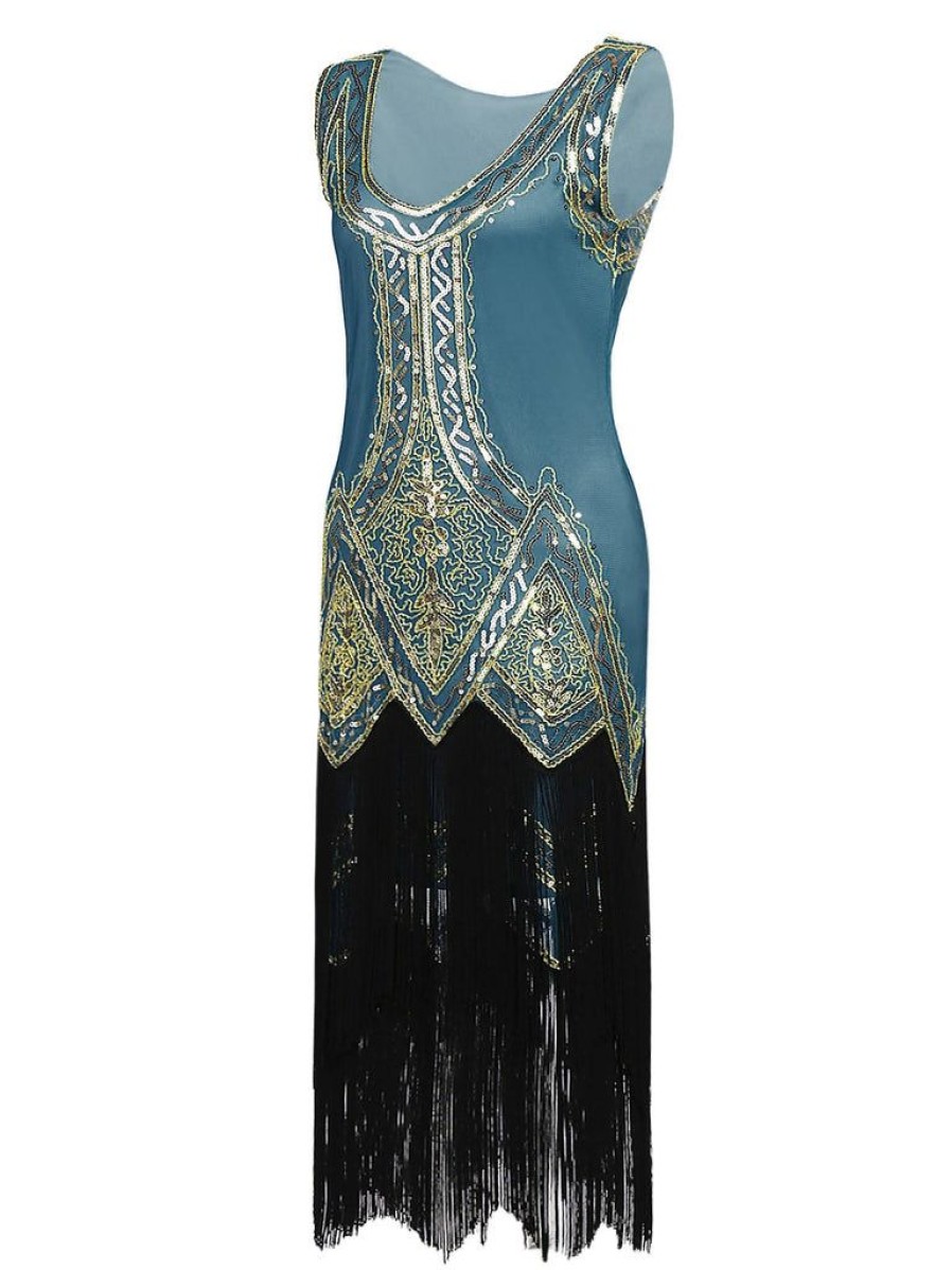 Clothing Retro Stage | 1920S Beaded Fringed Dress Lake Blue