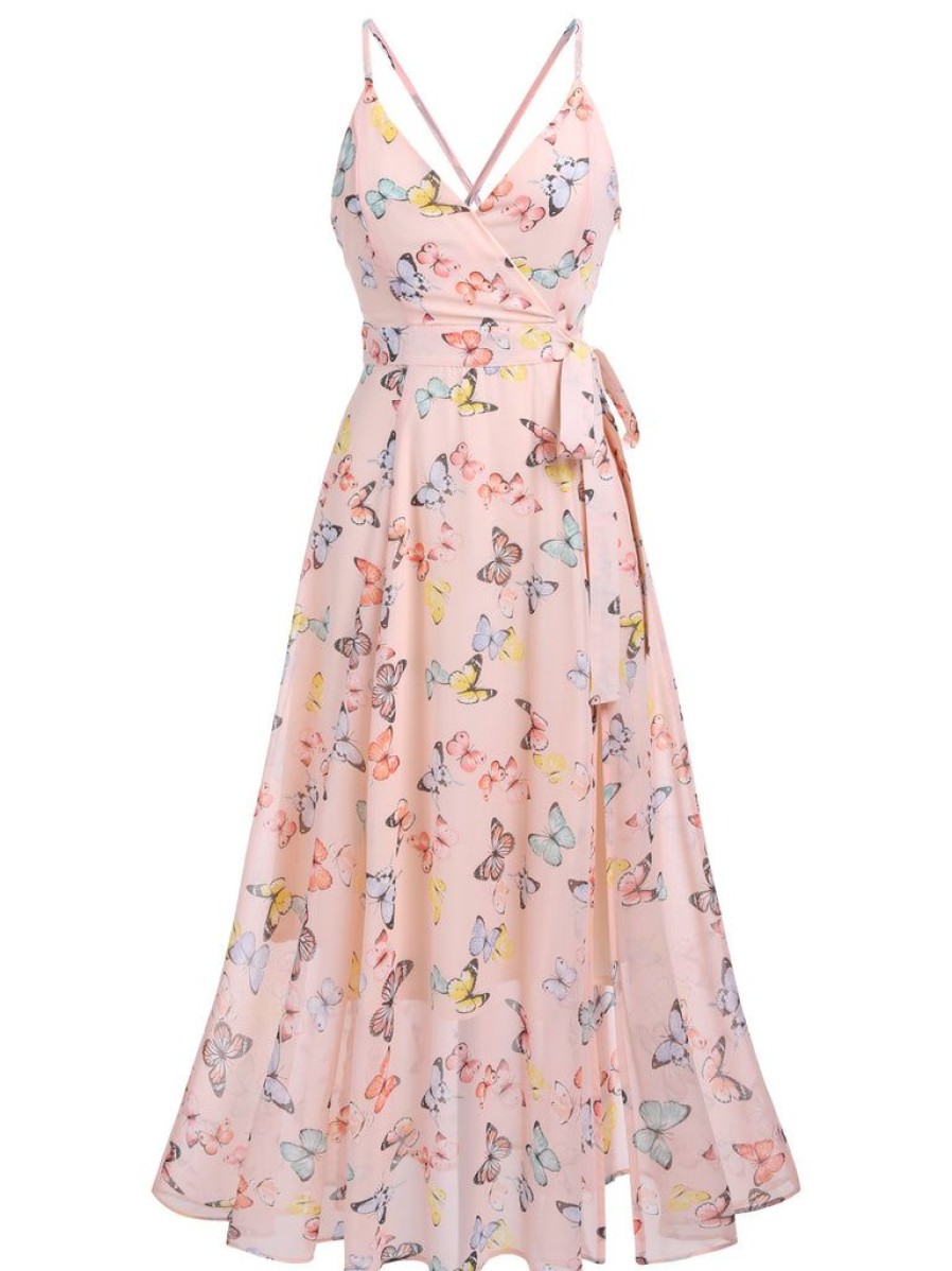 Clothing Retro Stage | Butterfly Strap Lace-Up Vintage Dress Light Pink