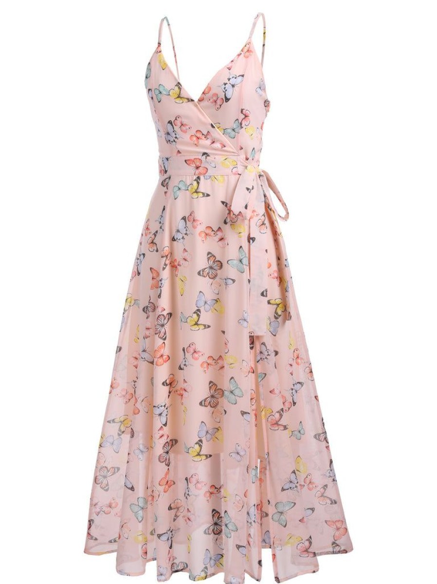 Clothing Retro Stage | Butterfly Strap Lace-Up Vintage Dress Light Pink