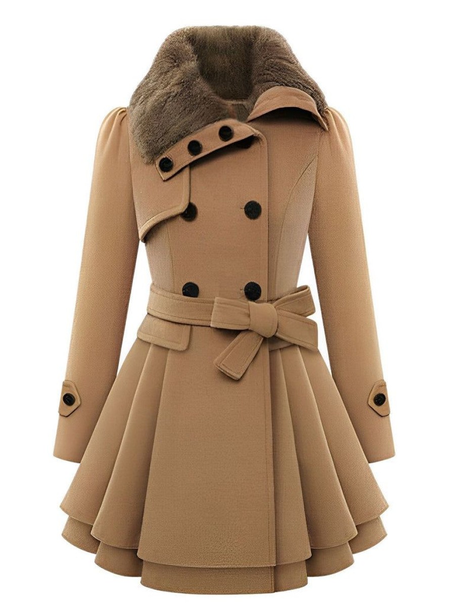 Clothing Retro Stage | Christmas Fur Collar Waisted Woolen Coat