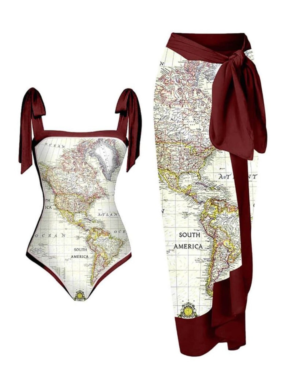 Clothing Retro Stage | 1950S Map One-Piece Swimsuit & Cover-Up Deep Red