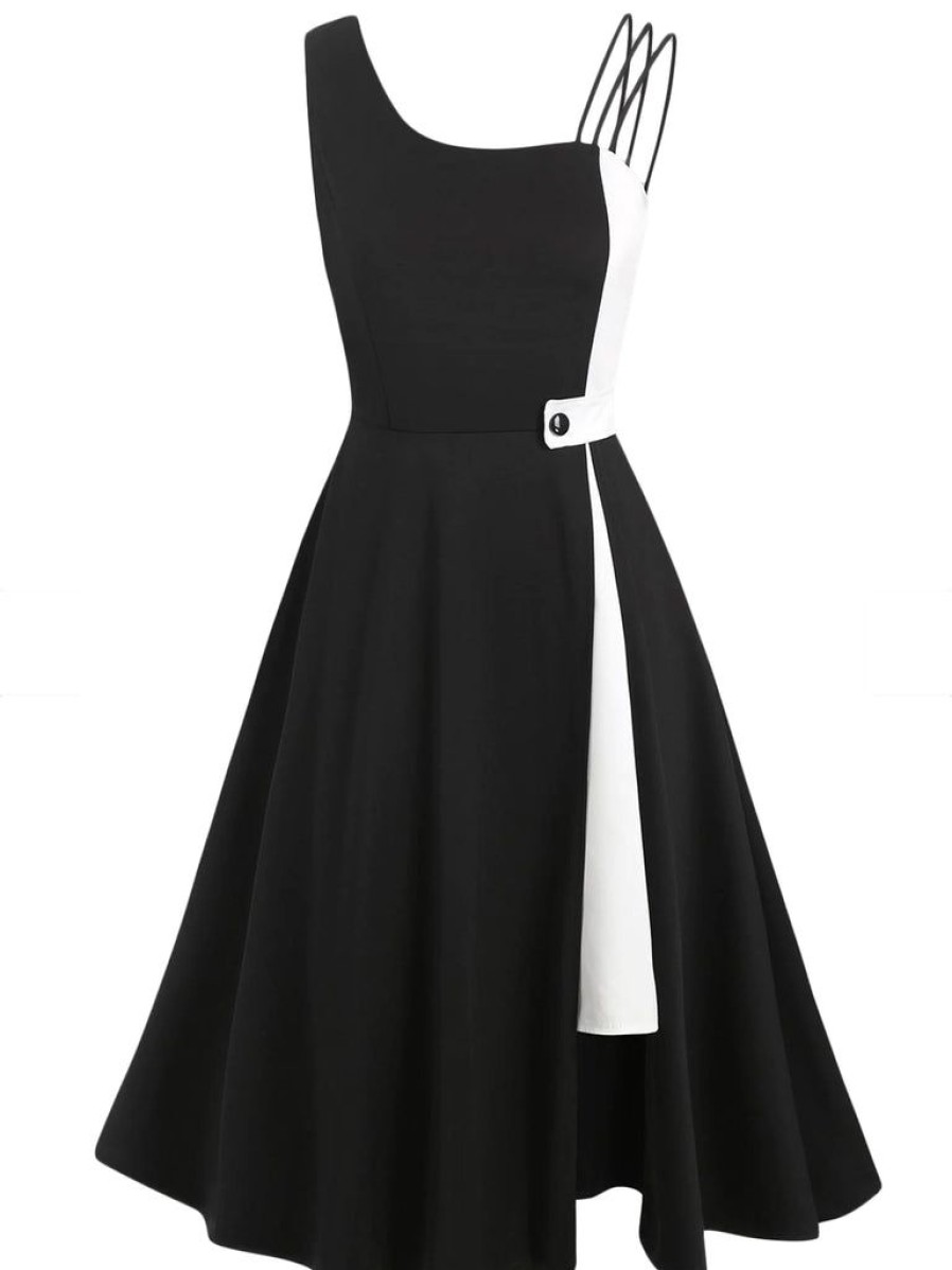 Clothing Retro Stage | 1950S Solid Spaghetti Dress Black