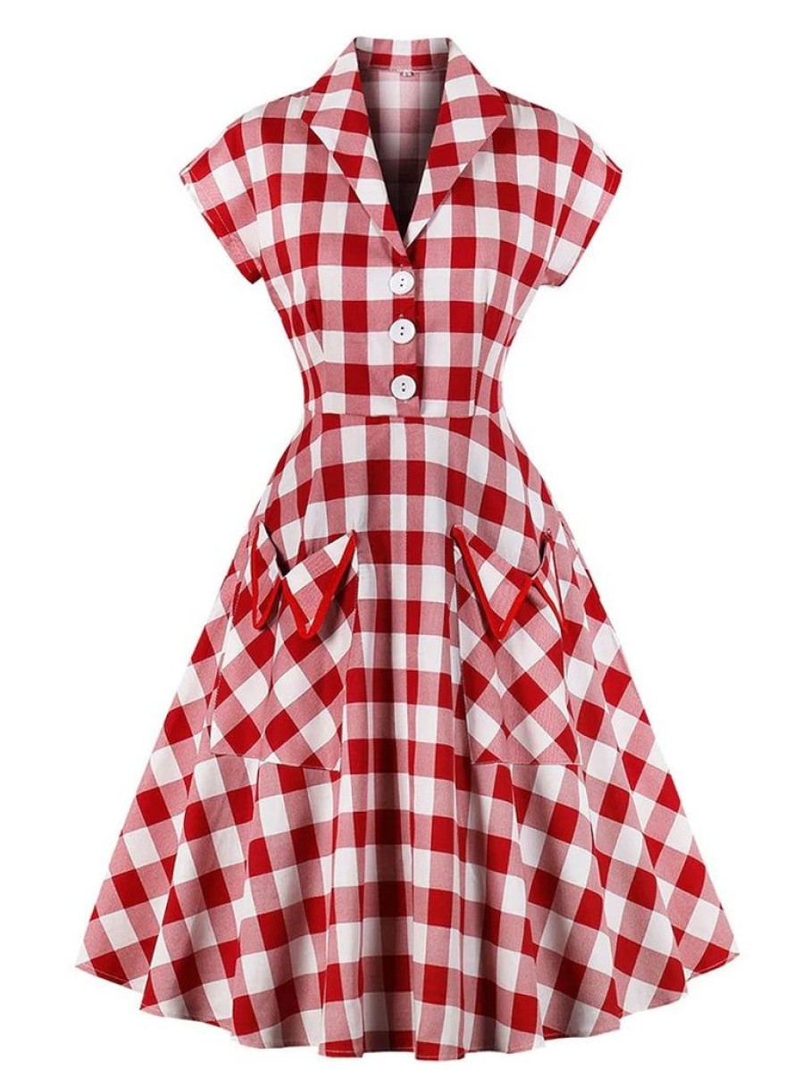 Clothing Retro Stage | White 1950S Pockets Plaid Dress Red