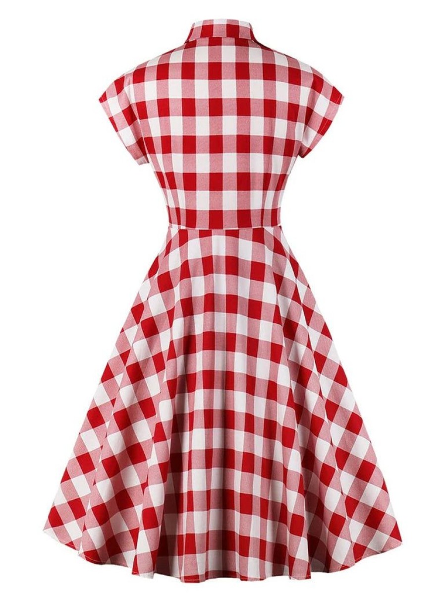 Clothing Retro Stage | White 1950S Pockets Plaid Dress Red