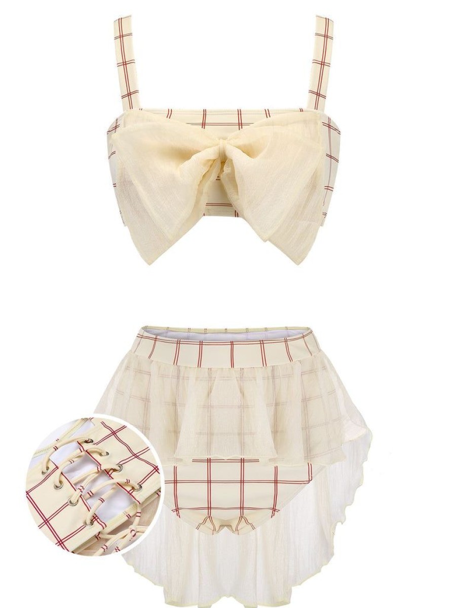 Clothing Retro Stage | 1950S Bowknot Plaid Mesh Patchwork Swimsuit Beige