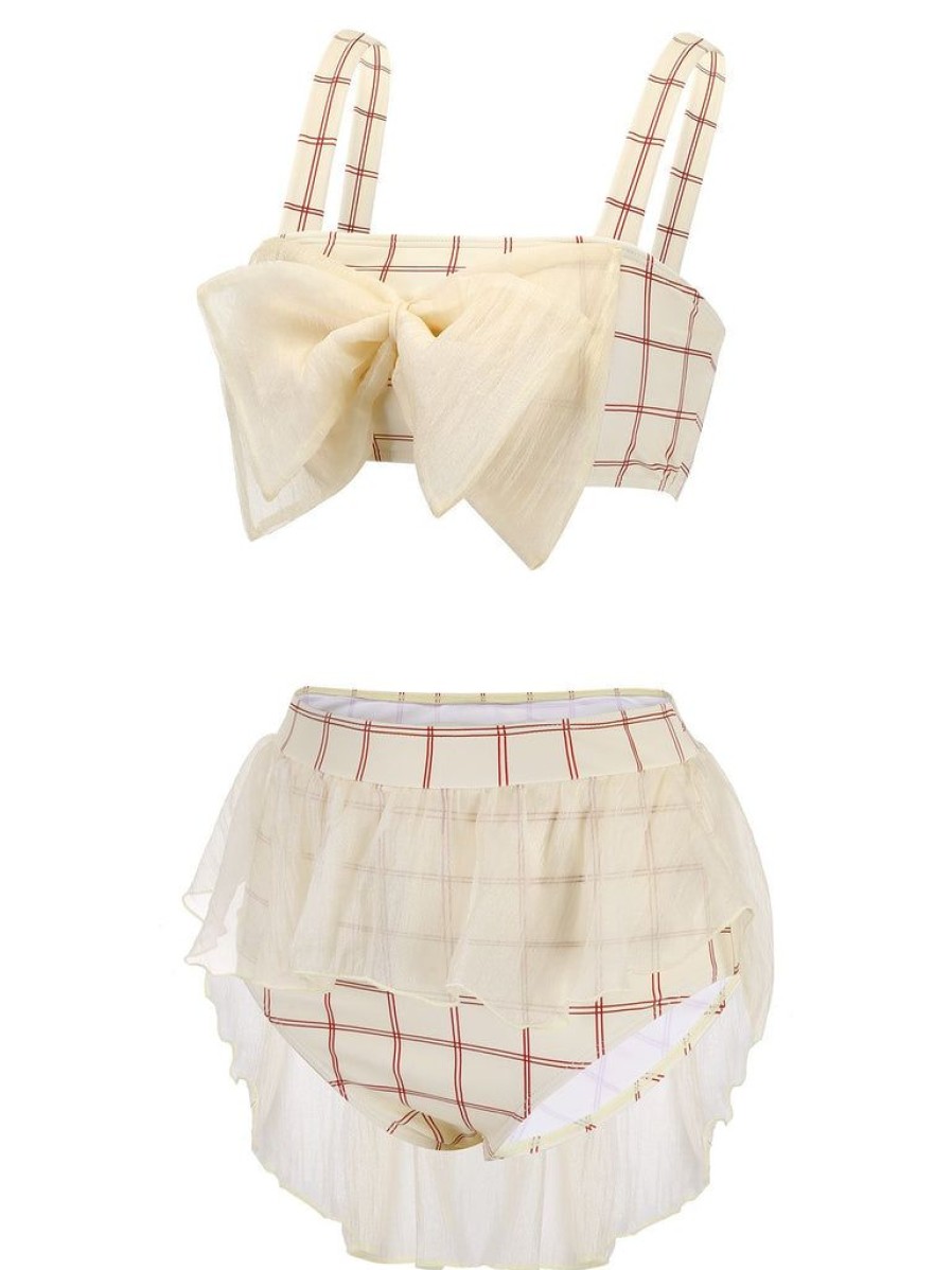 Clothing Retro Stage | 1950S Bowknot Plaid Mesh Patchwork Swimsuit Beige