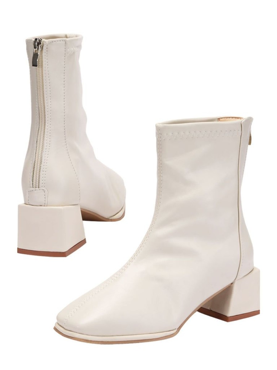 Shoes Retro Stage | Vintage Leather Square Toe Heeled Boots White